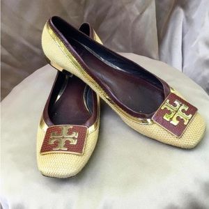Tory Burch Flats Leather Tan Raffia Gold Logo on Vamp 9 1/2